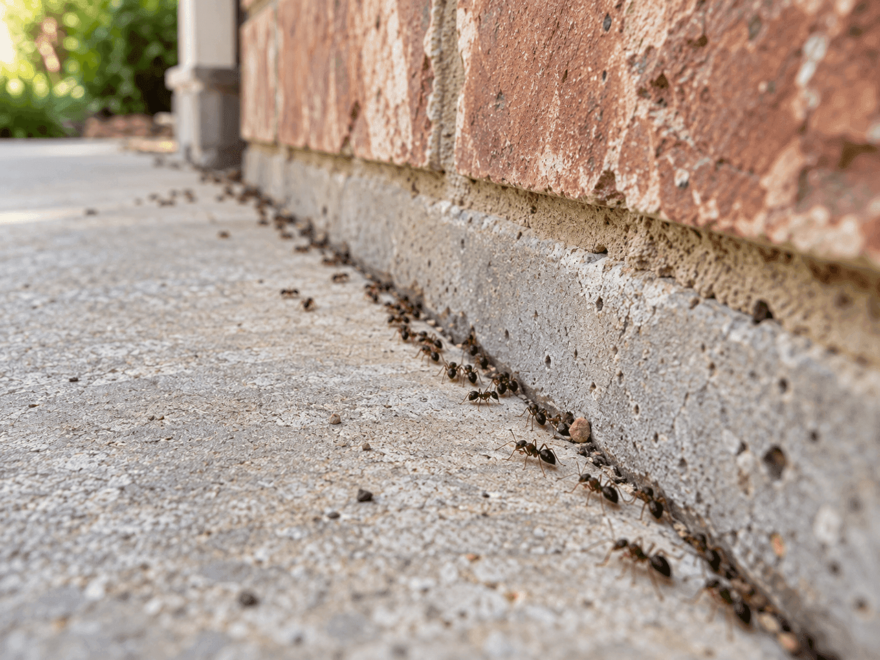 Ant trail beside a brick foundation.