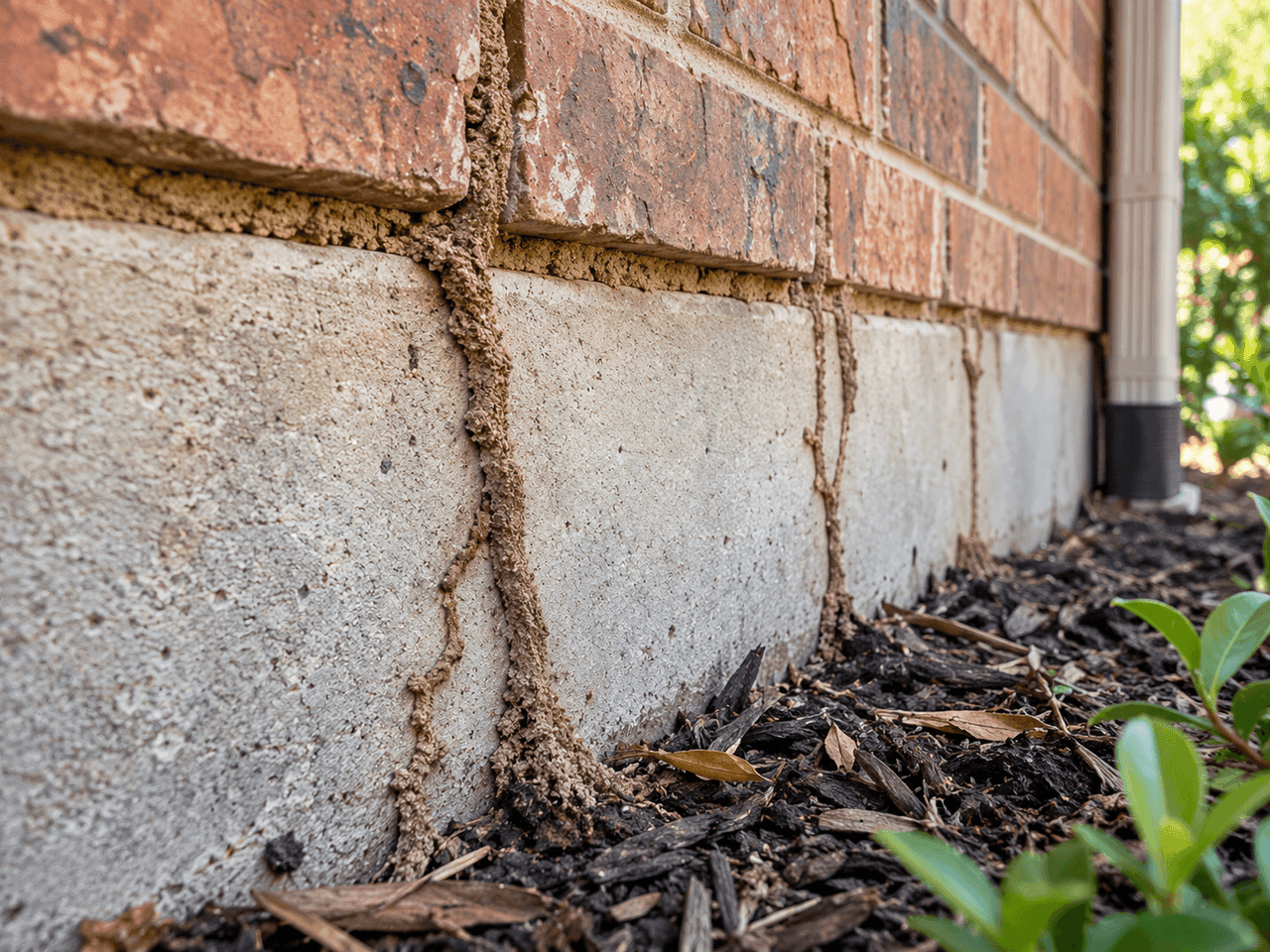 Illustration of termite mud tubes on a concrete foundation.