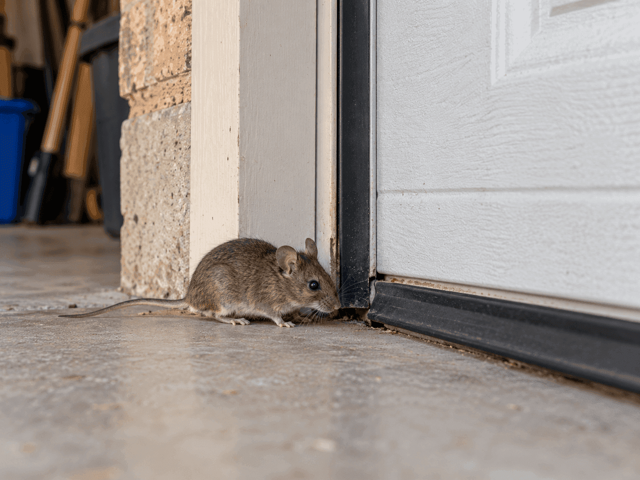 House mouse near a garage-door gap.