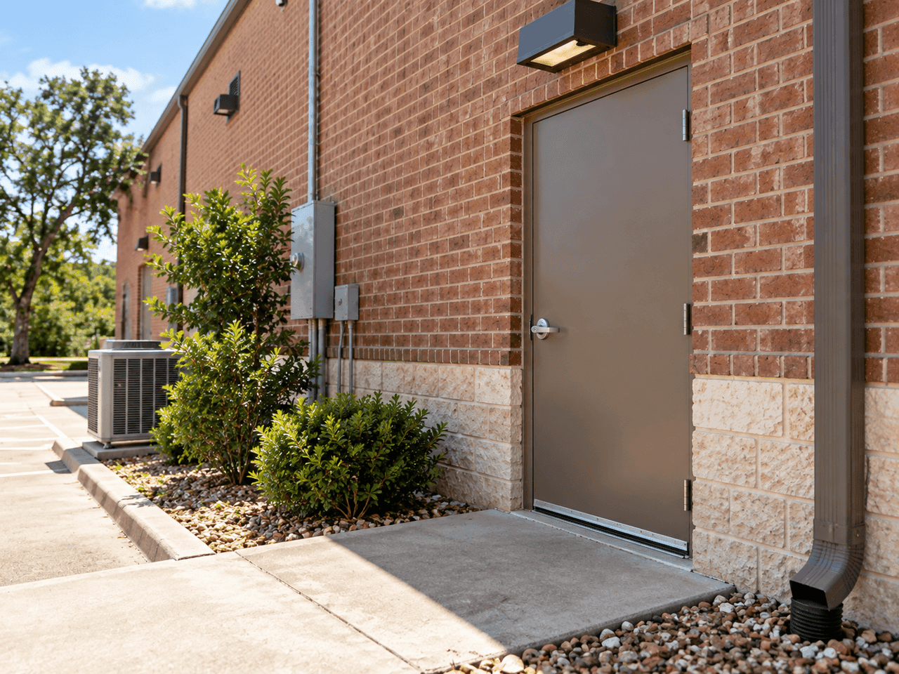 Service entrance of a brick commercial building.