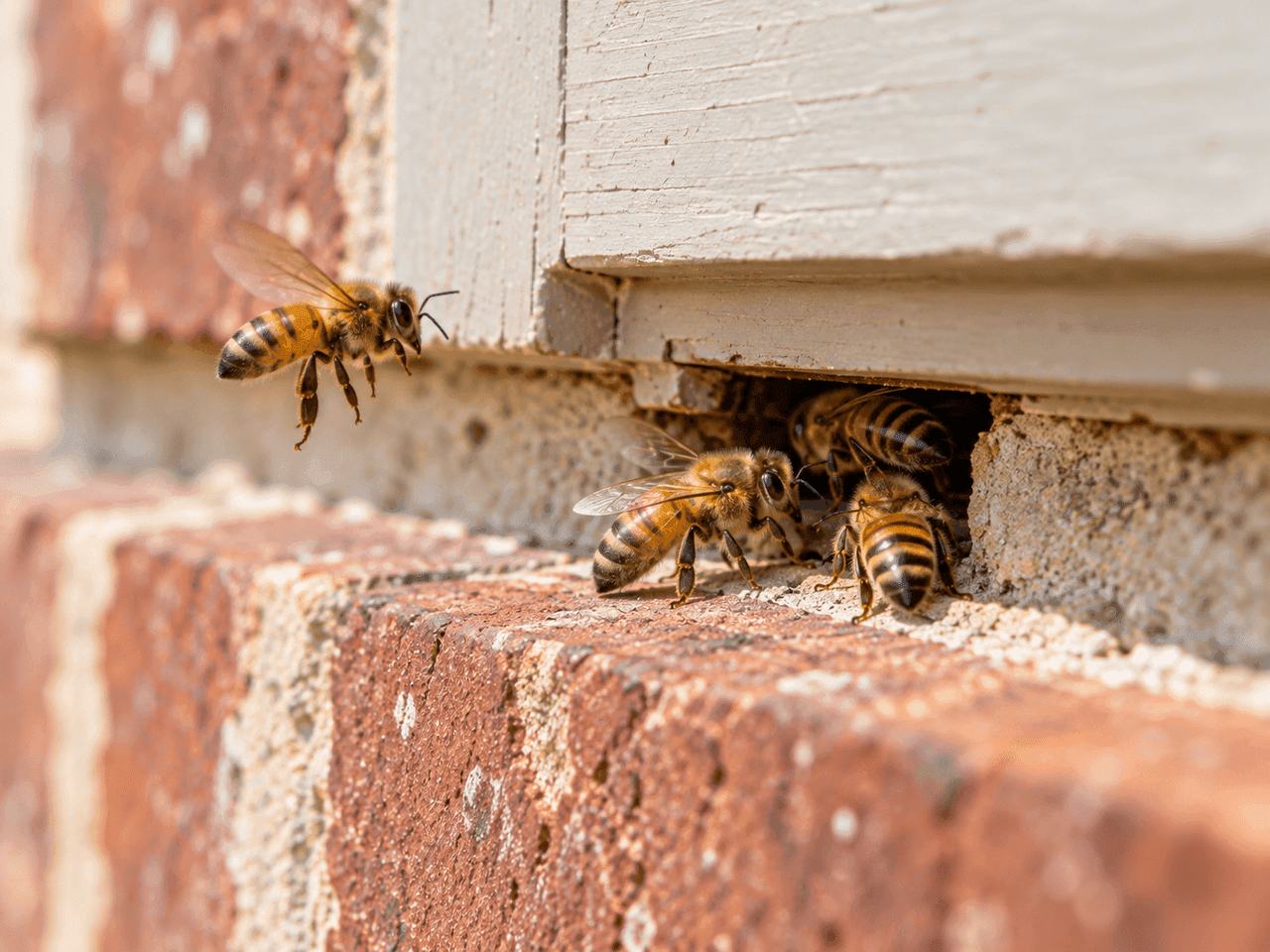 Honeybees near an opening beneath exterior trim.